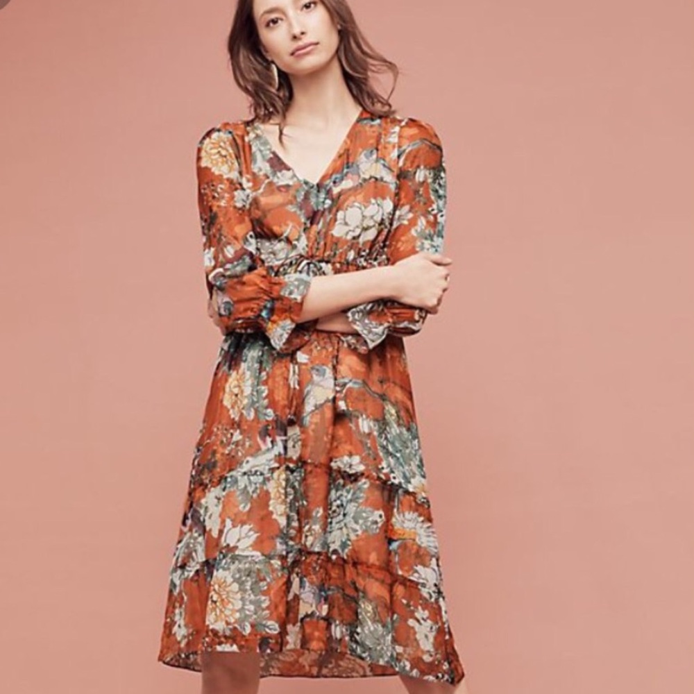 Anthropologie Hemant Nandita brown floral dress Sz 0